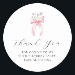 90th Birthday Party Bow Custom Thank You Favor Classic Round Sticker<br><div class="desc">Thank your guests for coming to your birthday party with this personalized thank you favor sticker.  It features a blush pink coquette bow accented with pink and blue wildflowers. Thank you is written in a lovely open script. Three lines let you customize your appreciation. All text is editable.</div>