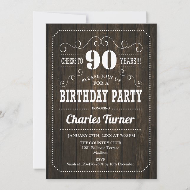 90th Birthday Party - Brown Wood Pattern Invitation (Front)