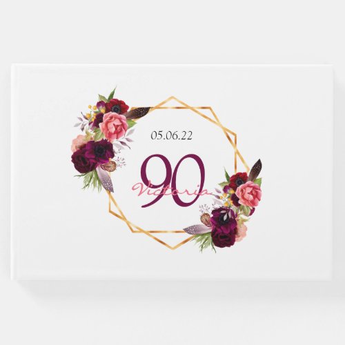 90th birthday party burgundy floral geometric guest book