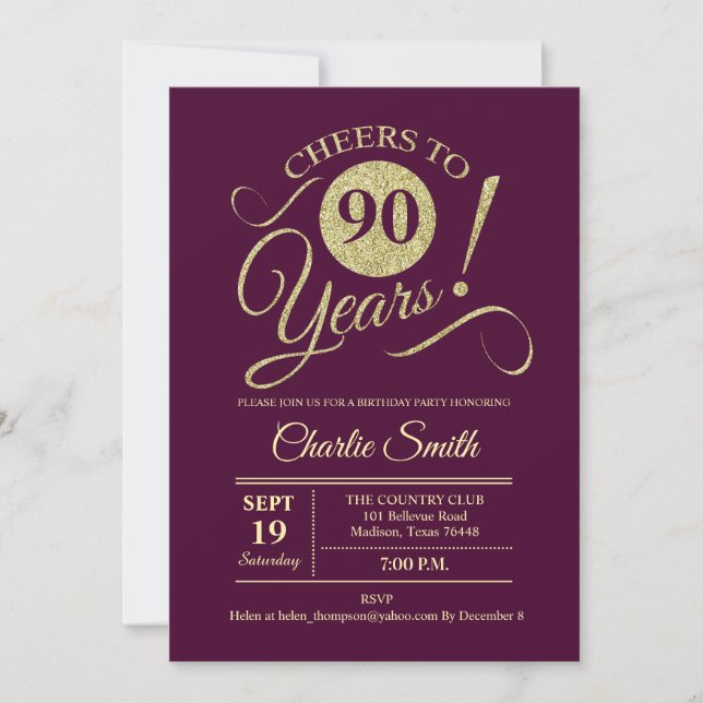 90th Birthday Party - Burgundy Gold Invitation (Front)