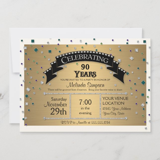 90th Birthday Party Celebrate Faux Jewel Confetti Invitation (Front)
