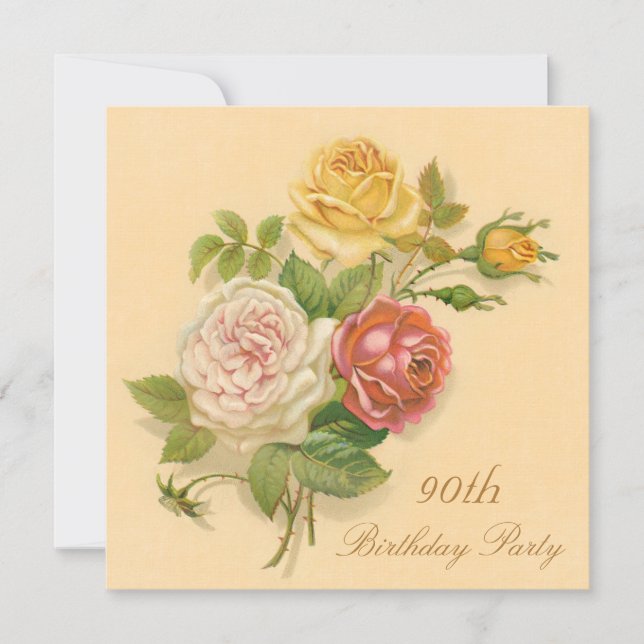 90th Birthday Party Chic Vintage Roses Invitation (Front)