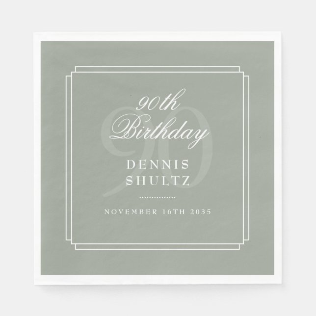 90th Birthday Party Classic Deco Sage Green Napkins (Front)