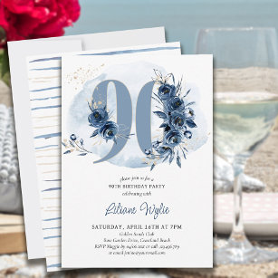 90th Birthday Party Coastal Blue Floral Number 90 Invitation