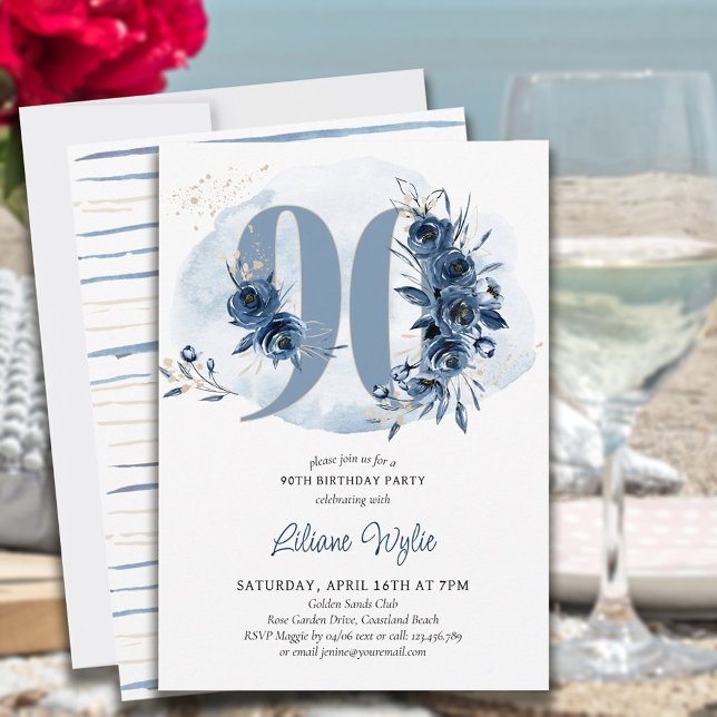 90th Birthday Party Coastal Blue Floral Number 90 Invitation (Creator Uploaded)