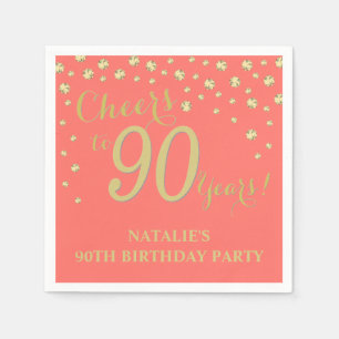 90th Birthday Party Coral and Gold Diamond Napkins