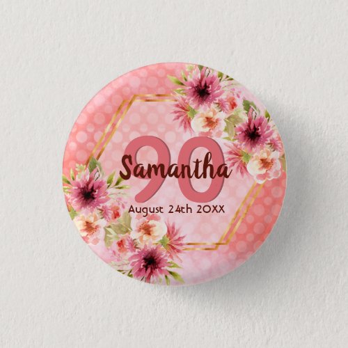 90th birthday party coral gold dahlia flowers button