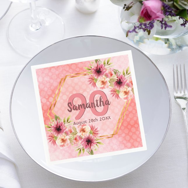90th birthday party coral gold dahlia flowers napkins (Creator Uploaded)