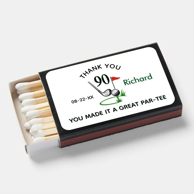 90TH Birthday Party Custom Personalized Golf Theme Matchboxes (Front Open)