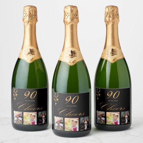 90th birthday party custom photo black gold cheers sparkling wine label