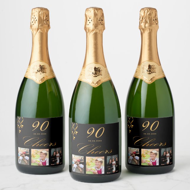 90th birthday party custom photo black gold cheers sparkling wine label (Bottles)