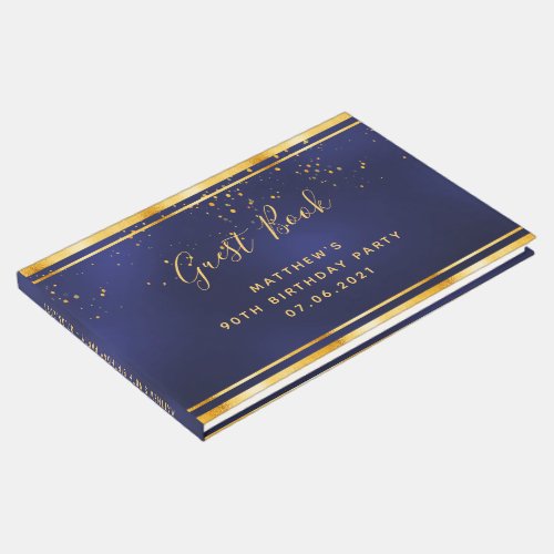 90th Birthday Party dark blue gold confetti Guest Book