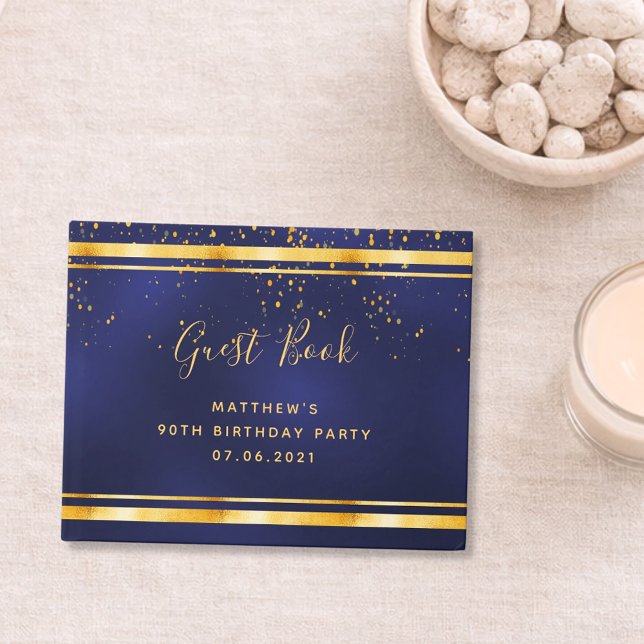 90th Birthday Party dark blue gold confetti Guest Book (Creator Uploaded)