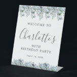 90th Birthday Party Dusty Blue Floral Welcome Pedestal Sign<br><div class="desc">Welcome your guests with this elegant tabletop pedestal sign. Pretty dusty blue roses,  peonies and wildflowers decorate the top and border. A classic and easy-to-read font combination takes only minutes to personalize.</div>