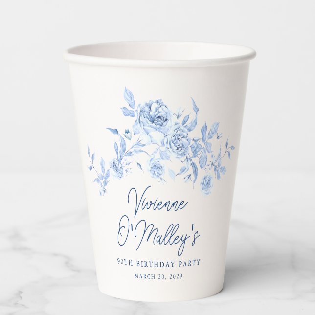 90th Birthday Party Dusty Blue Rose Floral Custom Paper Cups (Front)