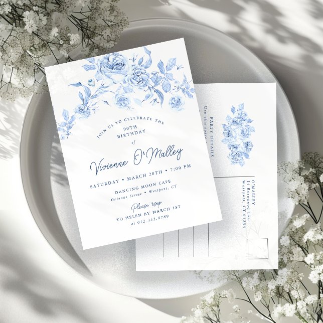 90th Birthday Party Dusty Blue Rose Floral Invitation Postcard (Creator Uploaded)