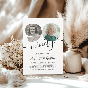 90th Birthday Party Elegant 2 Photo Birthday Invitation