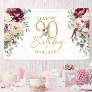 90th Birthday Party Elegant Gold Burgundy & Blush Banner