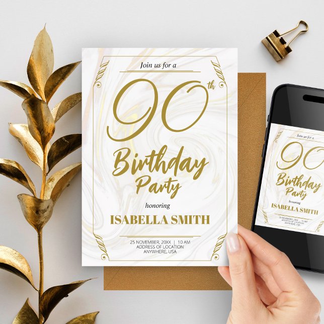 90th Birthday Party Elegant Modern Gold Invitation (90th Birthday Party Elegant Modern Gold Invitation, Bday Invite)