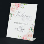 90th Birthday Party Elegant Pink Floral Welcome Pedestal Sign<br><div class="desc">A beautiful and feminine welcome sign to celebrate a 90th birthday in elegant style. This floral design is bordered with a frame of charming pink peonies and greenery.</div>