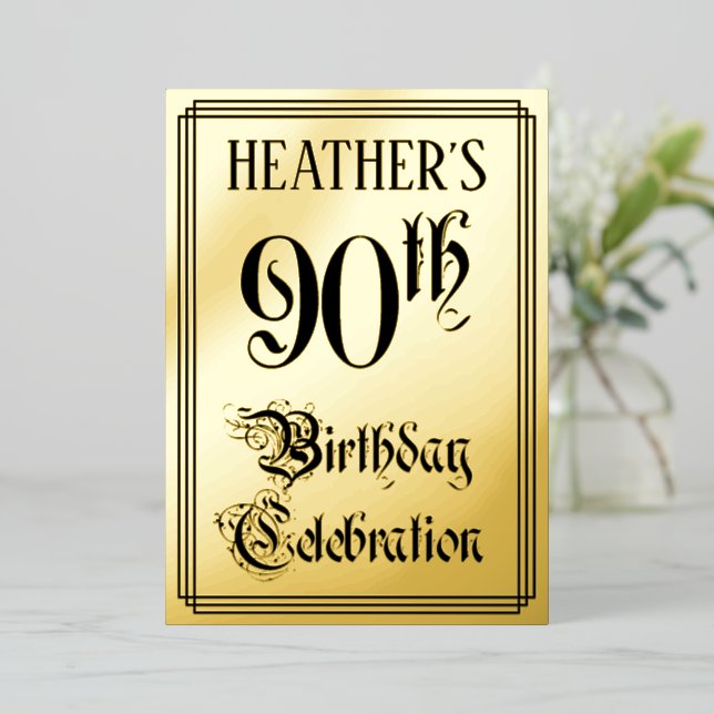 90th Birthday Party — Elegant Script + Custom Name Foil Invitation (Standing Front)