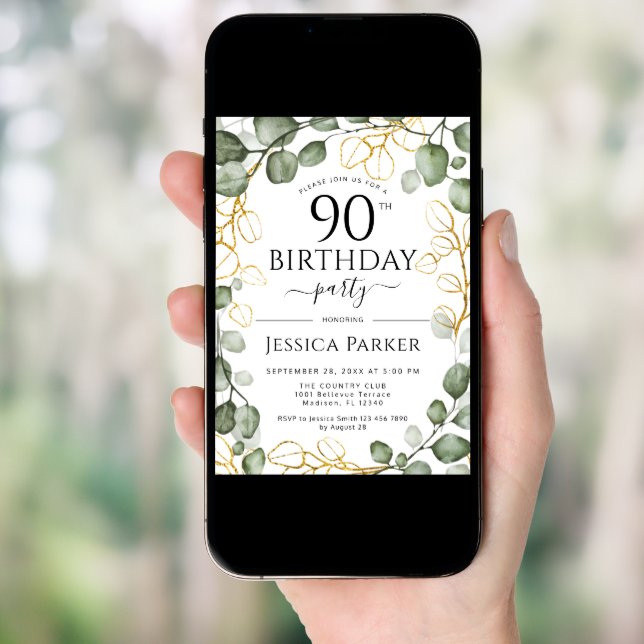 90th Birthday Party Eucalyptus Watercolor Invitation (Front Digital)