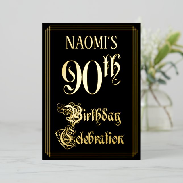 90th Birthday Party — Fancy Script & Custom Name Foil Invitation (Standing Front)