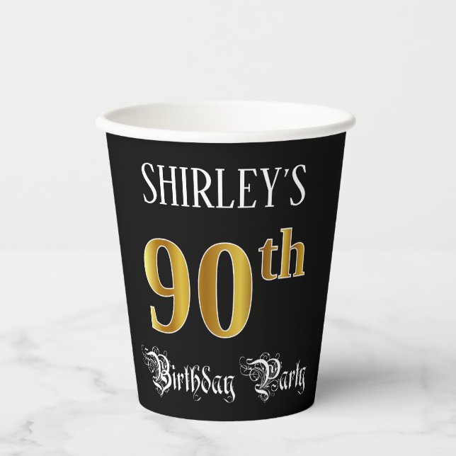 90th Birthday Party — Fancy Script, Faux Gold Look Paper Cups (Front)