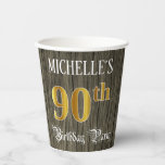 [ Thumbnail: 90th Birthday Party — Faux Gold & Faux Wood Looks Paper Cups ]