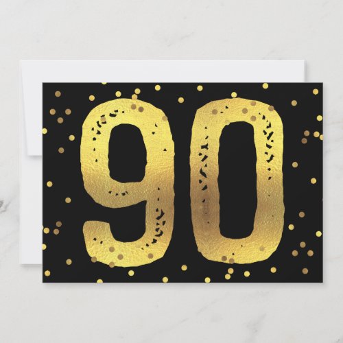 90th Birthday Party Faux Gold Foil Confetti Black Invitation