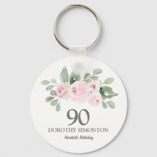90th Birthday Party Favor Pink Rose Eucalyptus Keychain