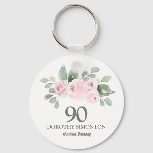 90th Birthday Party Favor Pink Rose Eucalyptus Keychain