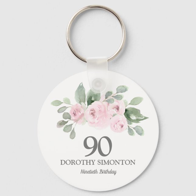 90th Birthday Party Favor Pink Rose Eucalyptus Keychain (Back)