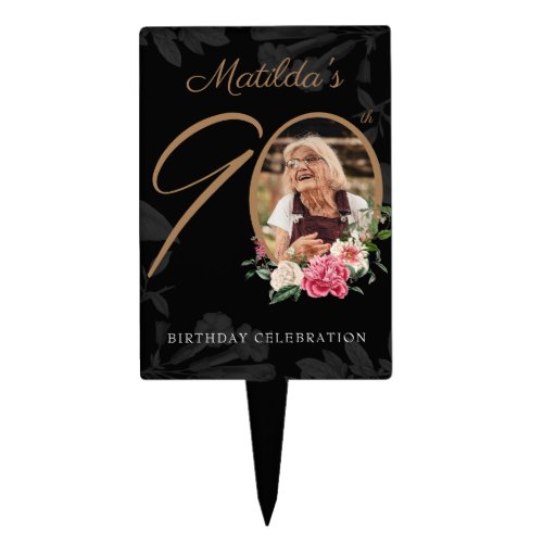 90th Birthday Party Floral Botanical Custom Black Cake Topper