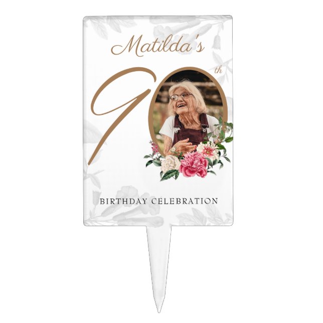 90th Birthday Party Floral Botanical Custom Photo Cake Topper (Front)