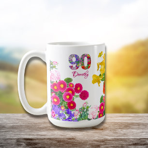 90th Birthday Party Floral Flowers Modern 90 Years Coffee Mug