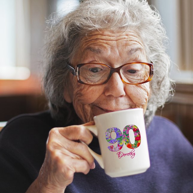 90th Birthday Party Floral Flowers Modern 90 Years Coffee Mug (Creator Uploaded)