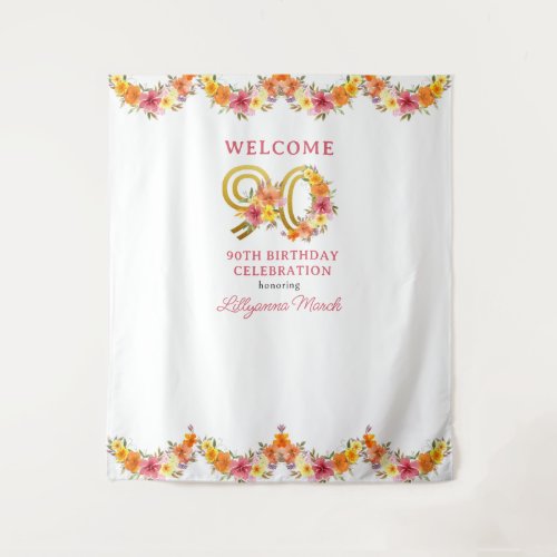 90th Birthday Party Floral Gold Number 90 Backdrop