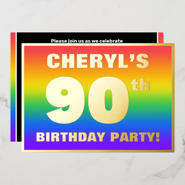 90th Birthday Party: Fun, Colorful Rainbow Pattern Foil Invitation (Front/Back)