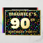[ Thumbnail: 90th Birthday Party — Fun, Colorful Stars Pattern Invitation ]