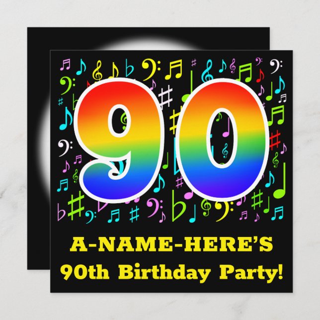 90th Birthday Party: Fun Music Symbols, Rainbow 90 Invitation (Front/Back)