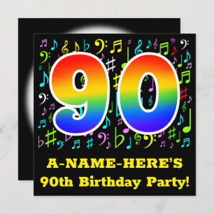 90th Birthday Party: Fun Music Symbols, Rainbow 90 Invitation