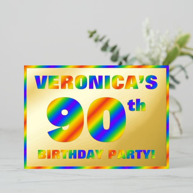90th Birthday Party — Fun, Rainbow Spectrum “90” Foil Invitation (Standing Front)