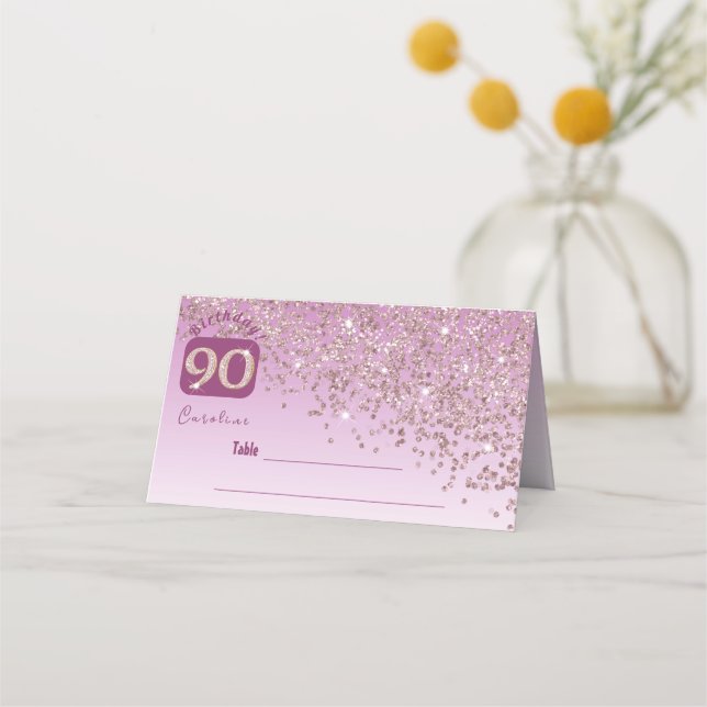 90th Birthday Party Glam  Rose Gold Glitter Place Card (Front)