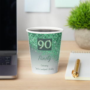 90th Birthday Party Gleaming Green Glitter Paper Cups