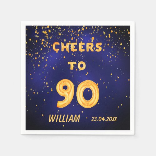 90th birthday party gold balloons blue cheers napkins