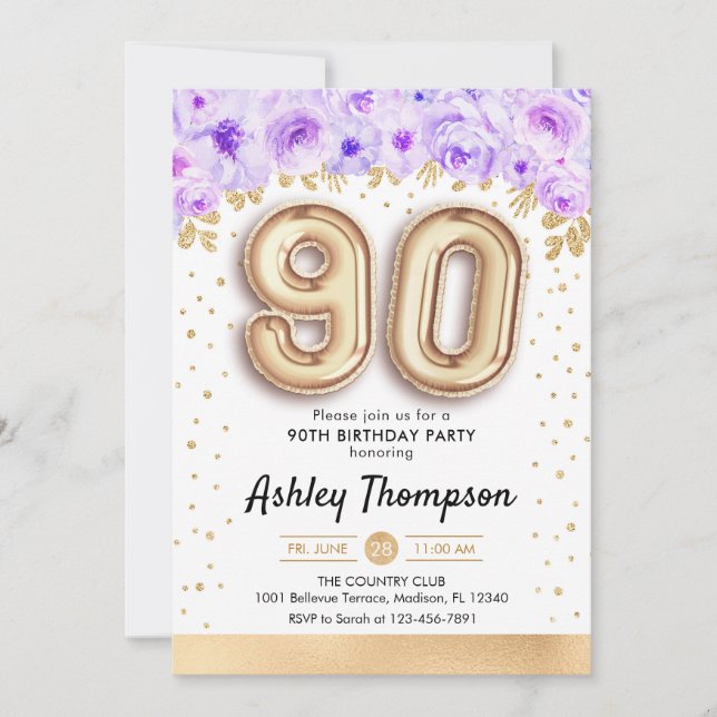 90th Birthday Party - Gold Balloons Purple Invitation (Front)