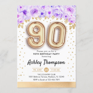 90th Birthday Party - Gold Balloons Purple Invitation