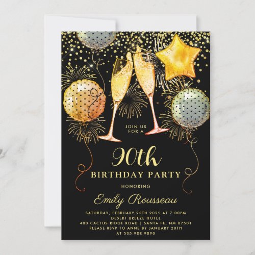 90th Birthday Party Gold Black Glitter Confetti Invitation