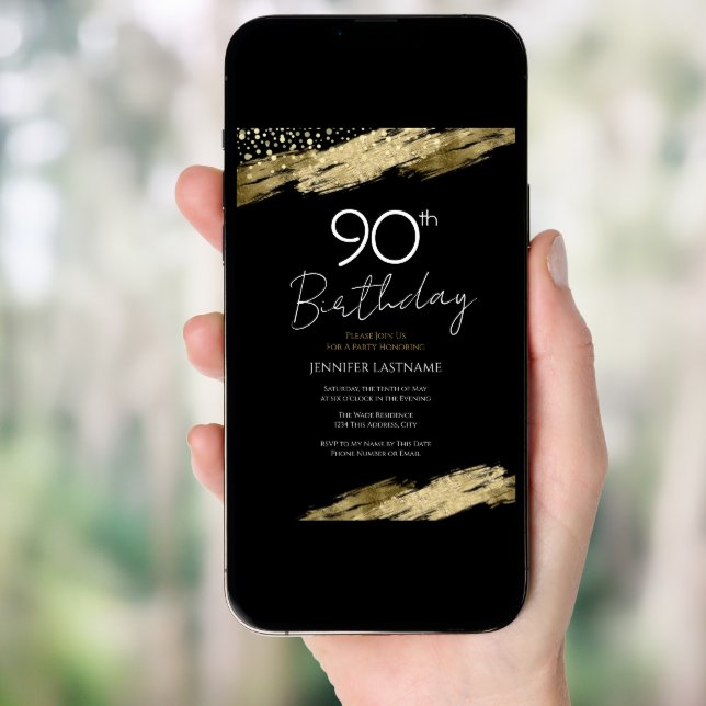 90th Birthday Party Gold Black Invitation (Front Digital)